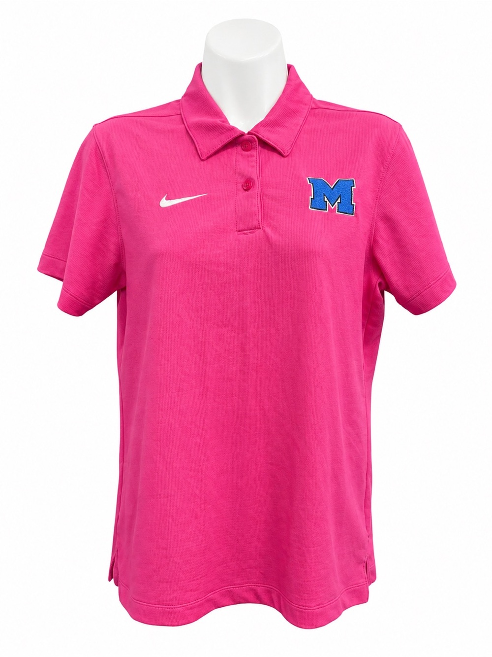 Women's Hot Pink polo with Blue M Patch and brand logo embroidered